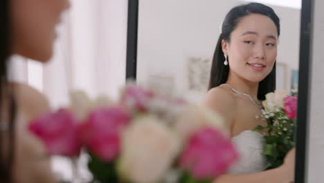 wedding, bouquet and asian bride in the mirror