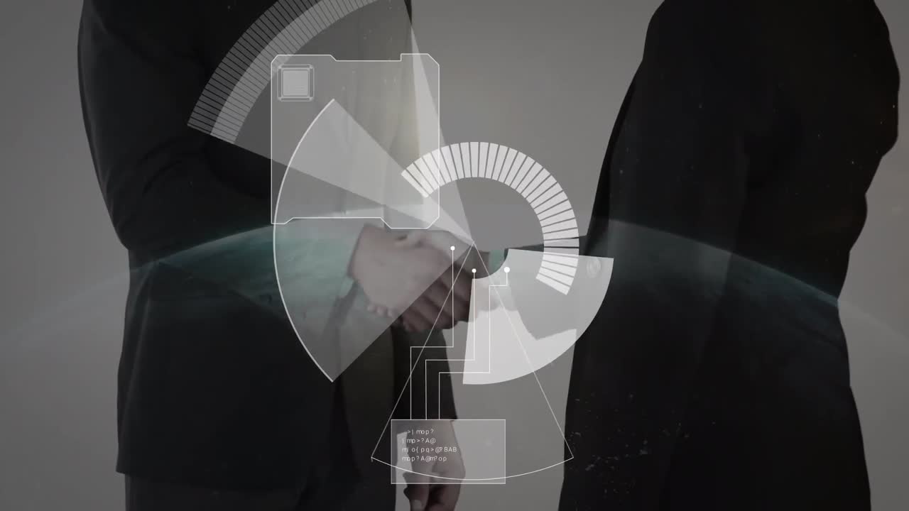 비즈니스맨과 비즈니스맨이 손을 흔들고 있는 중간 섹션에서 둥근 스캐너와 데이터 처리