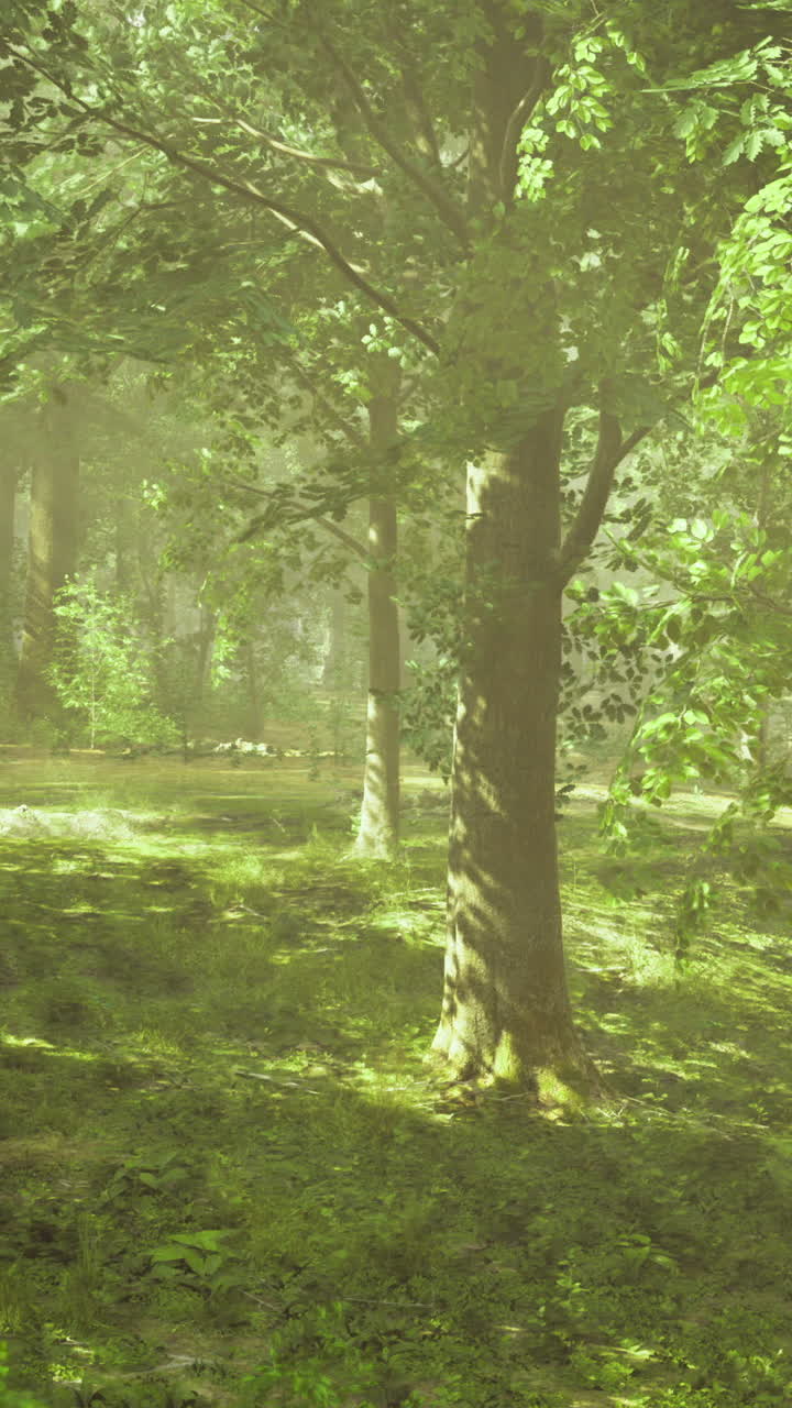 Sunlight filters through lush trees in a serene forest landscape