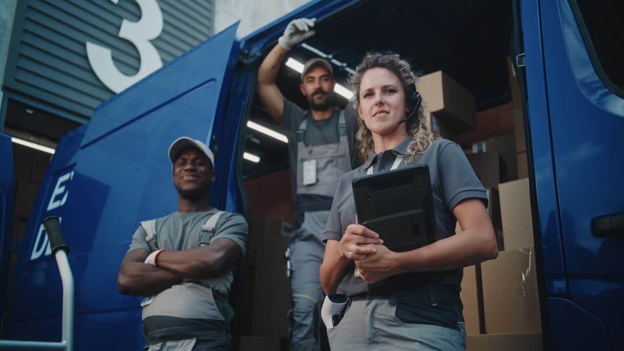 Professional Delivery Team Standing by Their Van Filled with Packages