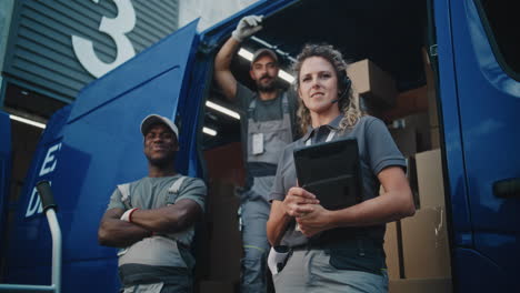 professional delivery team standing by their van filled with packages