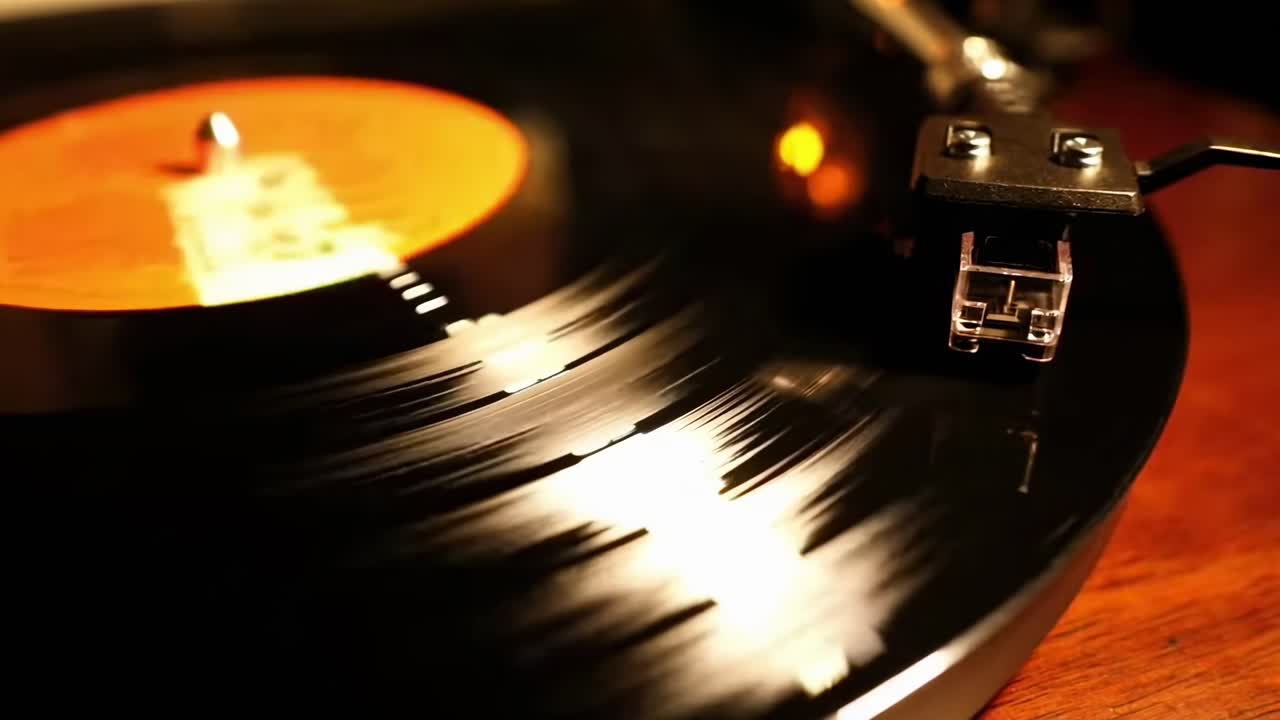 Video ravvicinato di un disco in vinile che gira, che cattura i solchi con illuminazione calda da un'angolazione bassa
