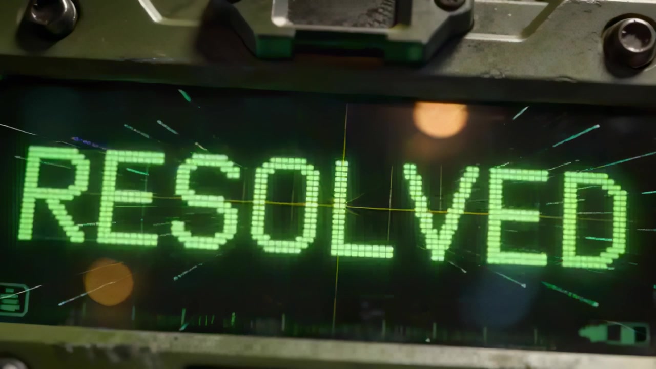 Displaying green dotmatrix text RESOLVED animating on command, confirming fix with reticle flare