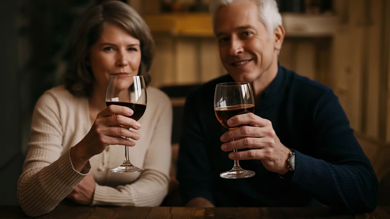 Smiling senior couple toasting with wine glasses at home, in beige sweater and navy pullover, watch