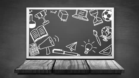 múltiples iconos de concepto escolar en la pizarra negra
