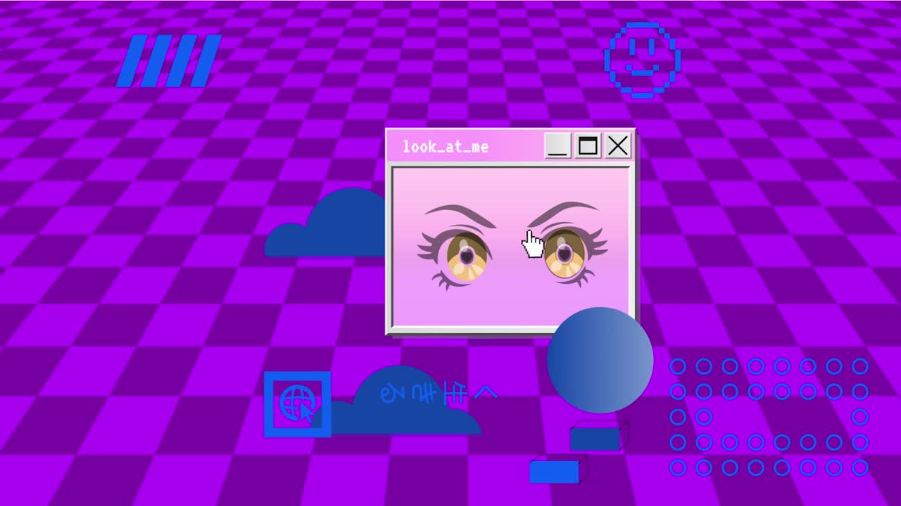 Retro Vaporwave Poster With User Interface Elements and Cartoon Illustrations. Purple Abstract Aesthetic Background. Video Game. 
2D Animation.