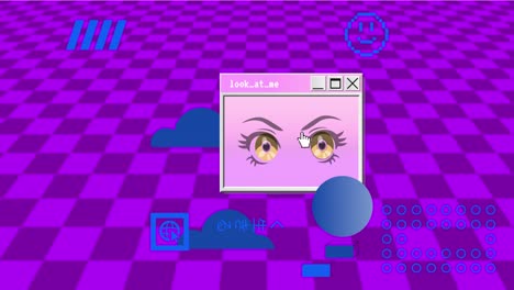 retro vaporwave poster with user interface elements and cartoon illustrations. purple abstract aesthetic background. video game. 
2d animation.