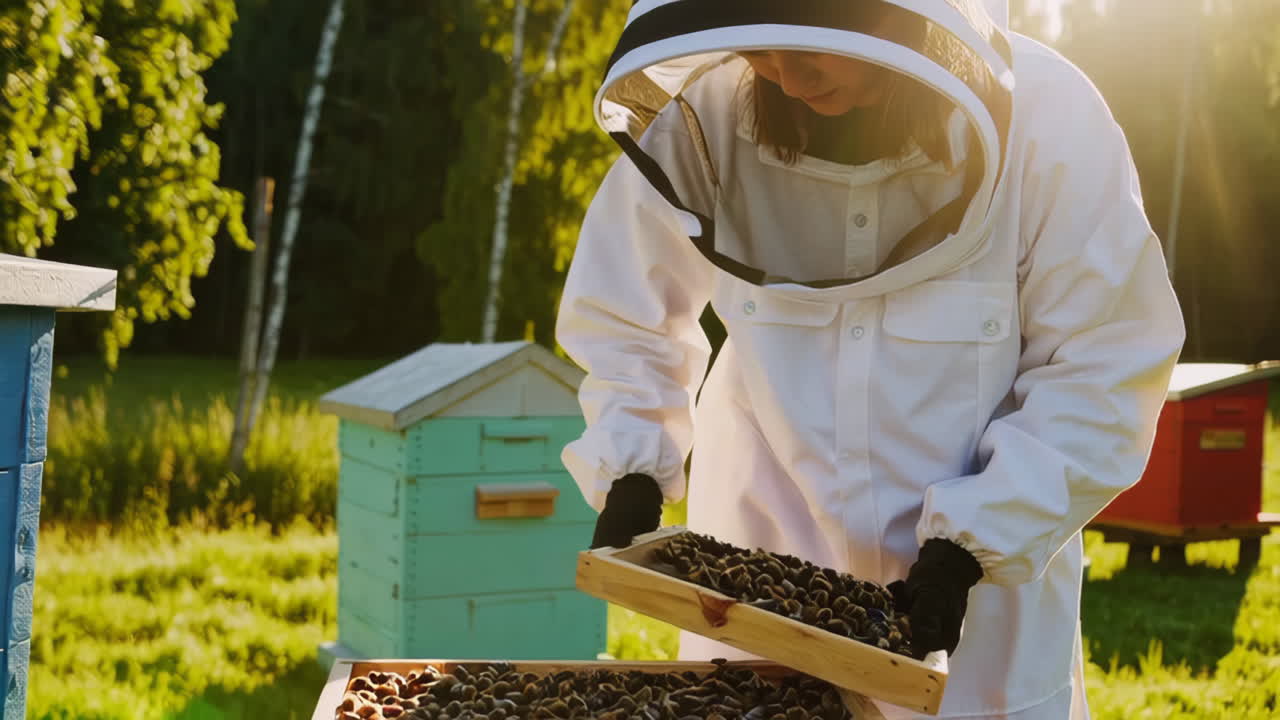 A beekeeper tending to beehives in an apiary