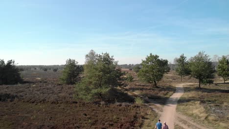 Vista-Aérea-De-Un-Paisaje-De-Páramos-Con-Una-Pareja-De-Ancianos-Caminando-Hacia-El-Marco-A-Lo-Largo-De-Un-Camino