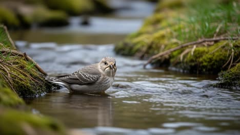 a curious bird taking a refreshing dip in a sparkling stream surrounded by lush greenery and vibrant mossy edges on a beautiful day