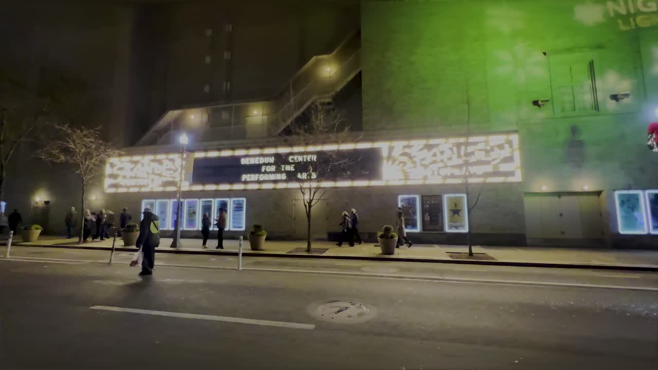 Building of Benedum Center in downtown Pittsburgh for the city's First Night celebrations. Pittsburgh downtown market square during Christmas holiday season