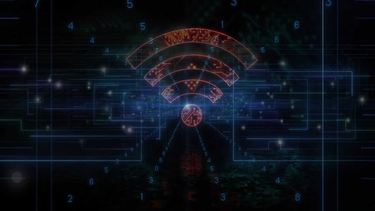 Circuit-pattern Wi-Fi icon floating above dark 3D circuit network, glowing nodes connecting digits