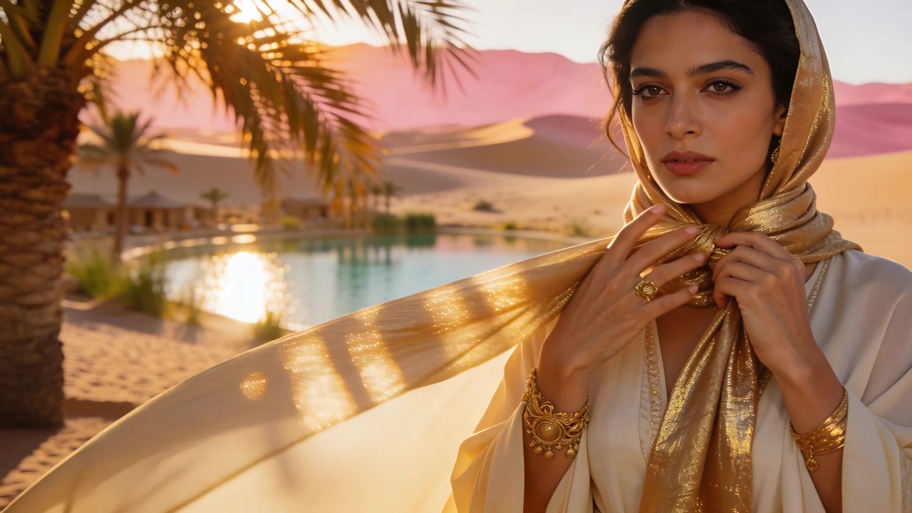 Brezza che muove una modella editoriale che allaccia una sciarpa d'oro su una veste color crema in un'oasi nel deserto, indossando gioielli.