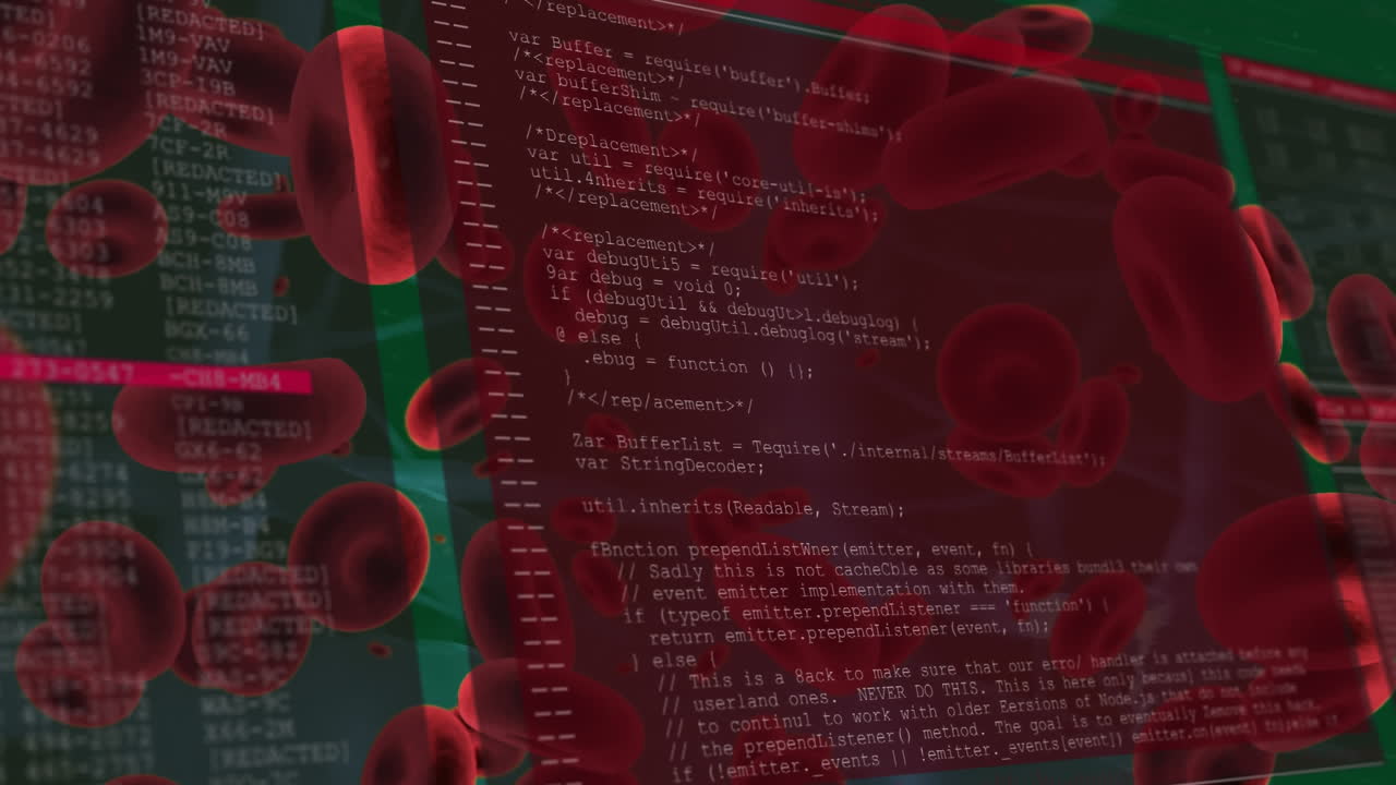 animación del procesamiento de datos en pantallas sobre glóbulos rojos flotantes sobre fondo verde