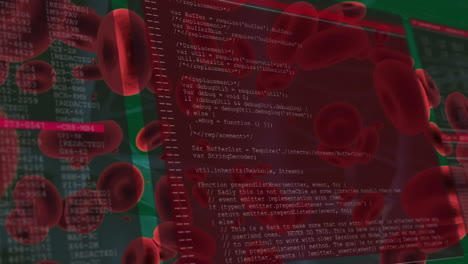 animación del procesamiento de datos en pantallas sobre glóbulos rojos flotantes sobre fondo verde