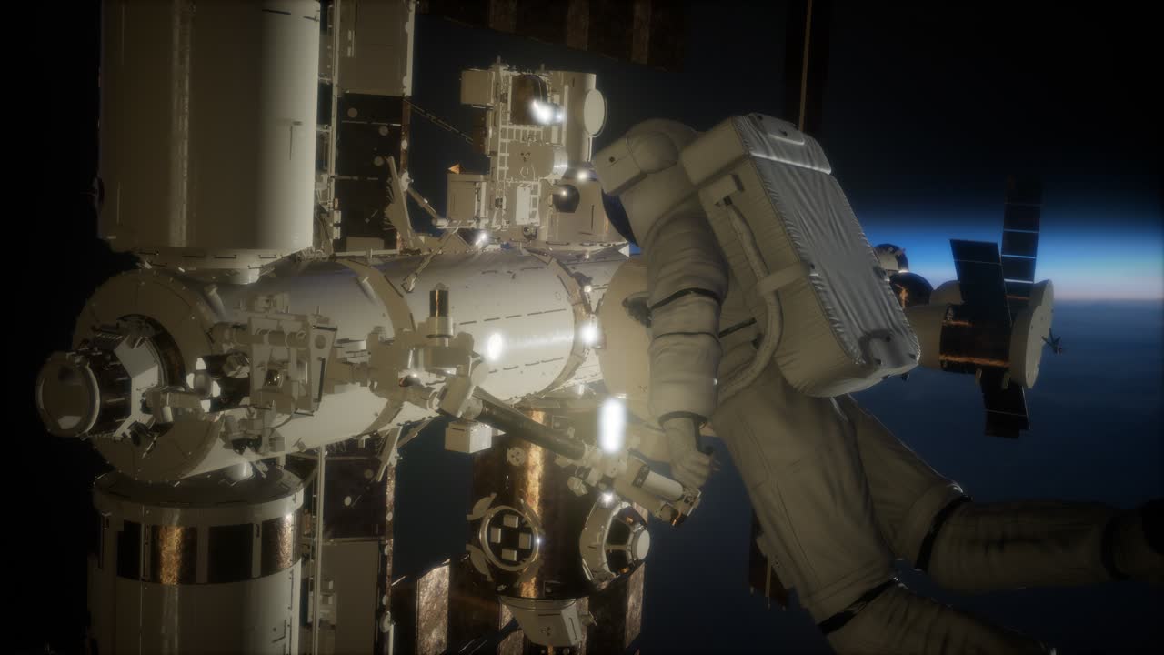 Stazione Spaziale Internazionale e astronauta nello spazio sopra il pianeta Terra