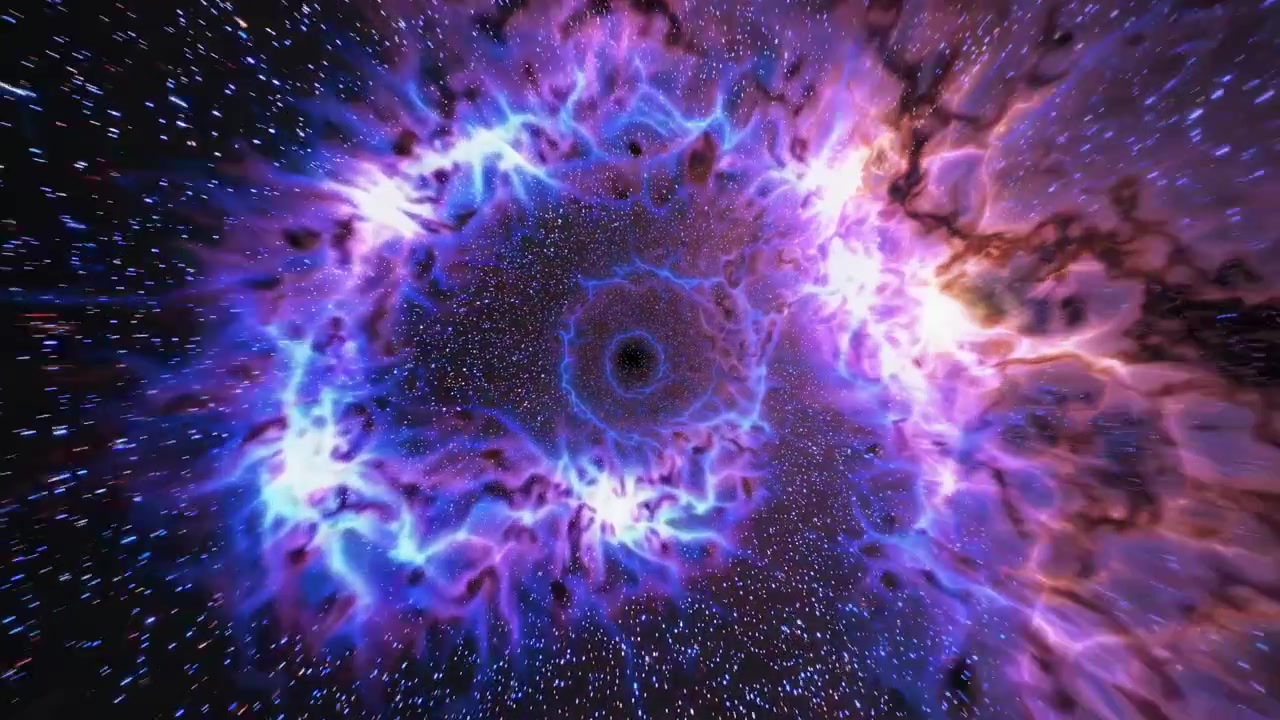 Flyver gennem et levende lilla og blåt kosmisk ormehul