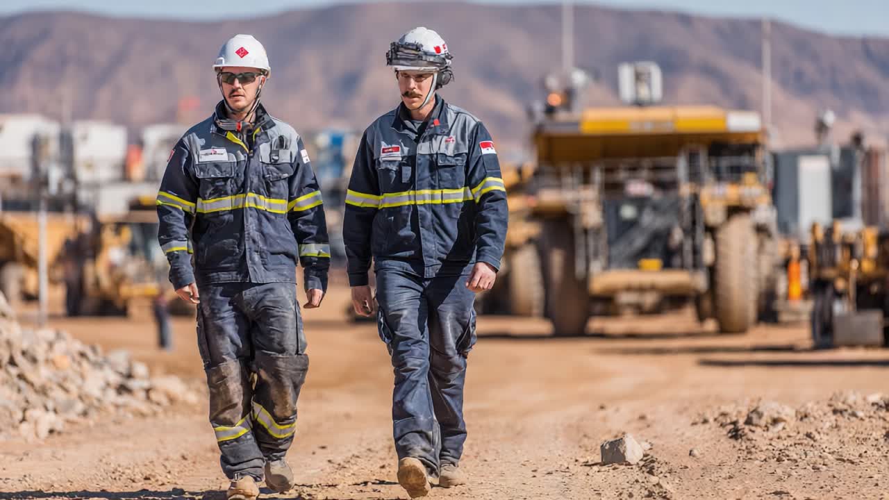 Construction workers in safety gear walking on a job site, showcasing teamwork and the importance of safety in industrial environments with heavy machinery in the background