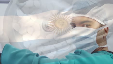 Animation-of-flag-of-argentina-waving-over-surgeons-in-operating-theatre