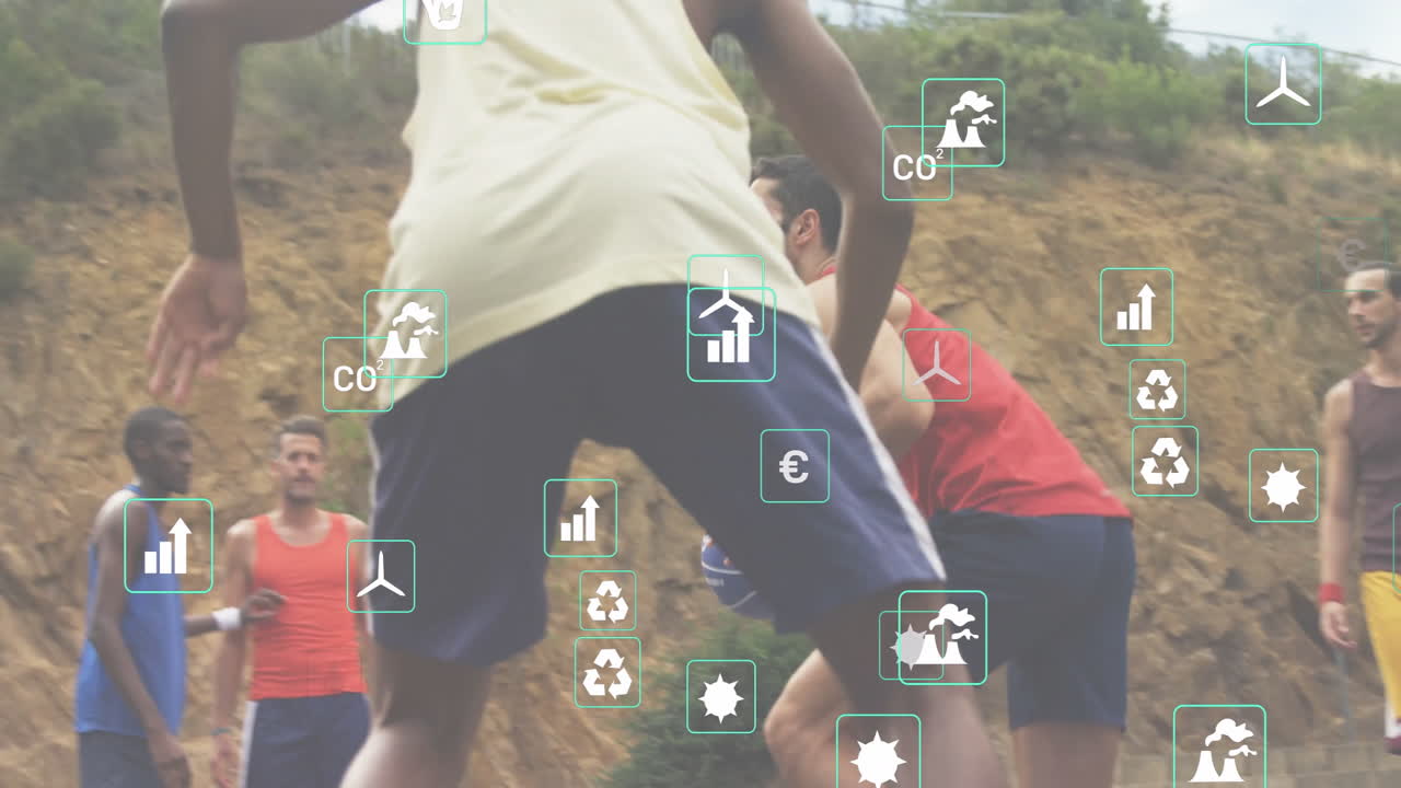 Playing outdoors, people with animation of environmental and energy icons overlayed