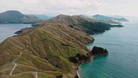 aerial drone view of remote, craggy and sloping peninsula landscape at te aumiti french pass and calm, peaceful turquoise ocean in marlborough sounds, south island of new zealand aotearoa