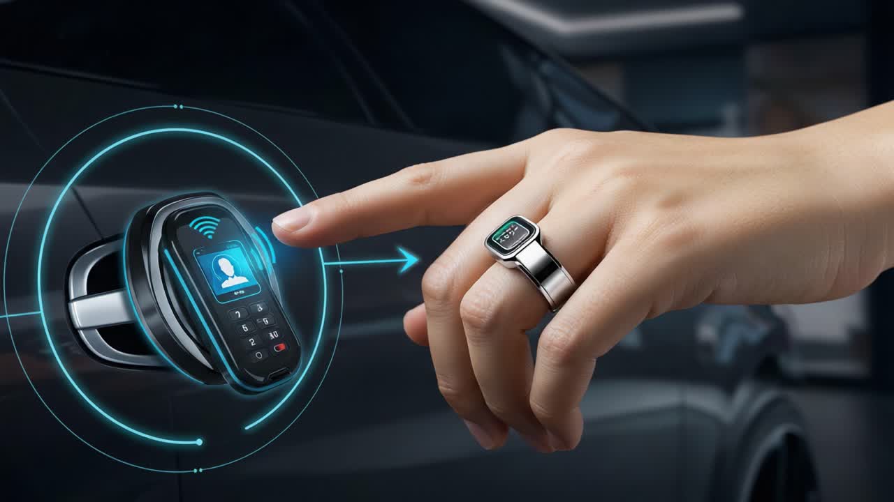 Innovative Keyless Entry System: A Close-Up on Advanced Technology for Unlocking Vehicles Effortlessly Using a Smart Ring Device, Enhancing Convenience and Security
