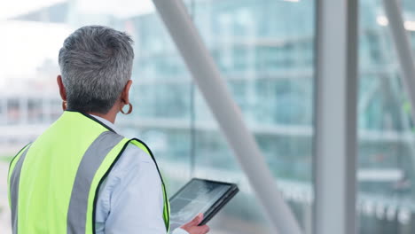 senior, woman and tablet, construction