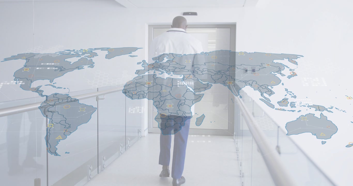 Doctor walking medical corridor, initiating semitransparent world map overlay tracking data nodes