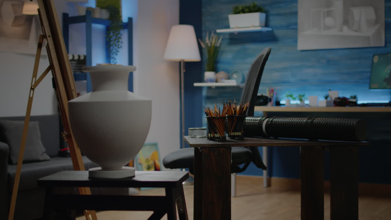 Nobody in drawing space with artistic instruments