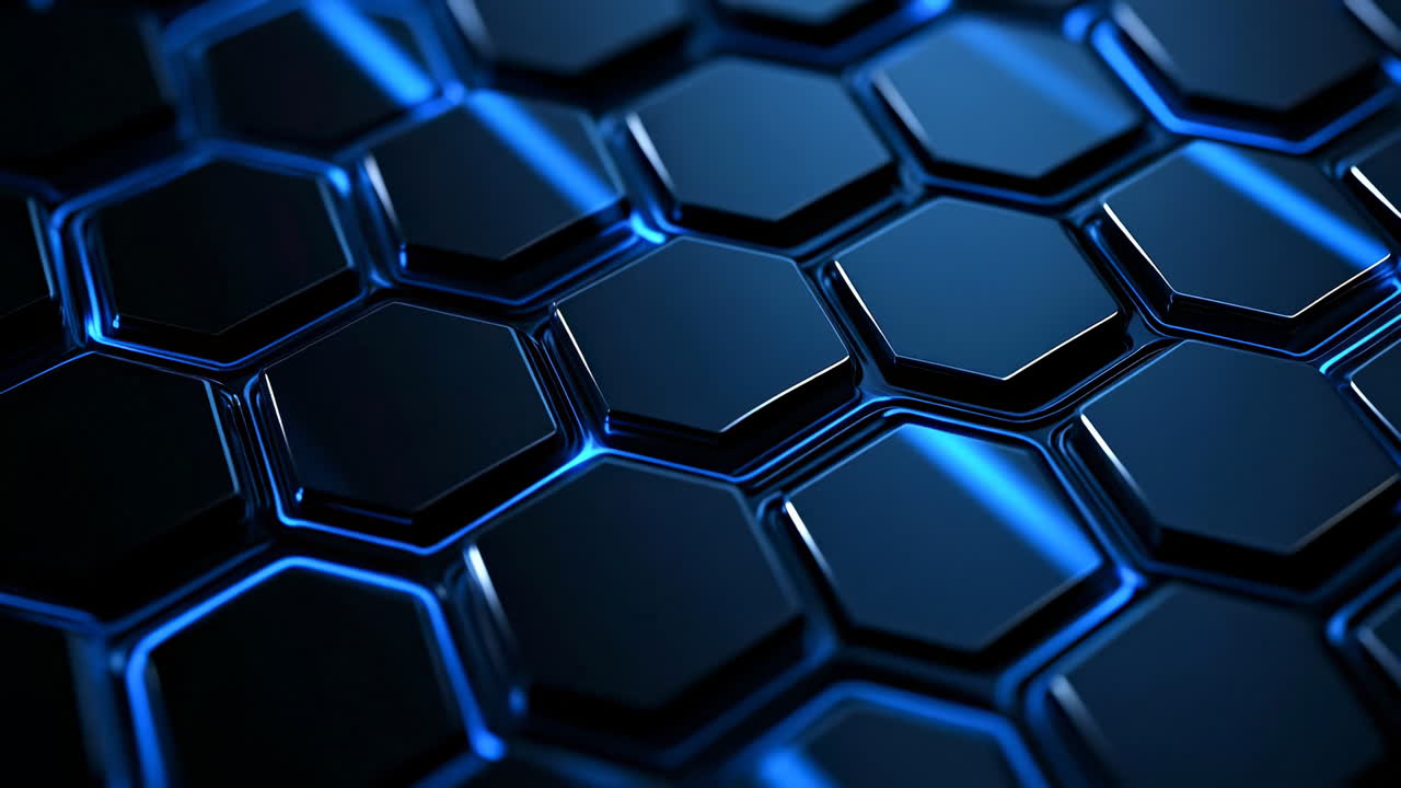 Modern hexagonal pattern in blue hues. Close-up of a sleek blue hexagonal pattern showcasing a futuristic design with glossy surfaces and shadows