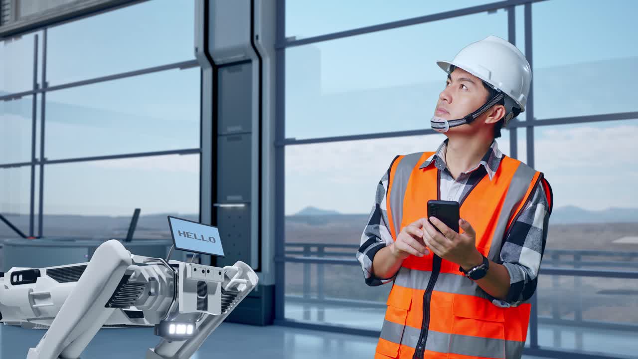 ingeniero interactuando con un robot en una instalación industrial moderna