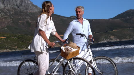 carefree couple walking on the beach with their bikes