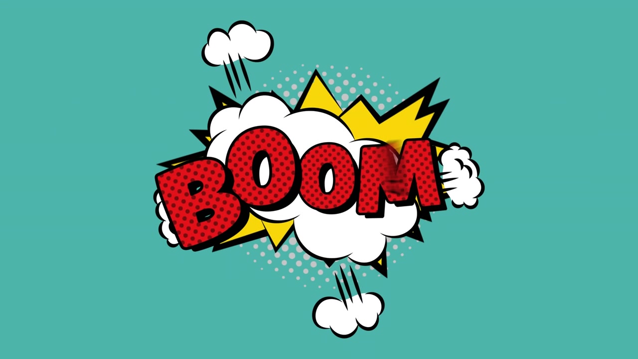 Animation of comic 5 options text over multiple comic speech bubbles with comic sound effects texts
