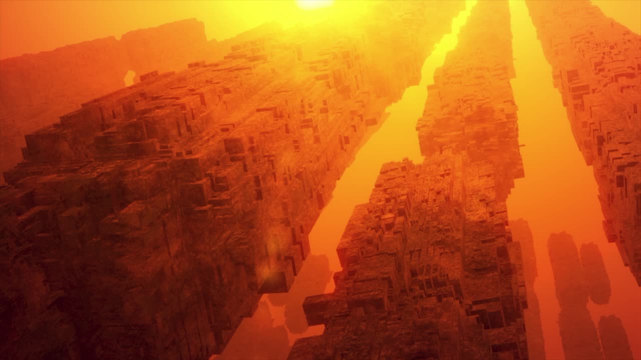 오렌지색 하늘을 가진 추상적인 미래의 도시