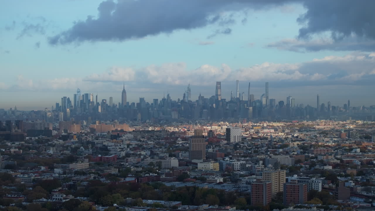 Aerial view of the New York City skyline at sunrise