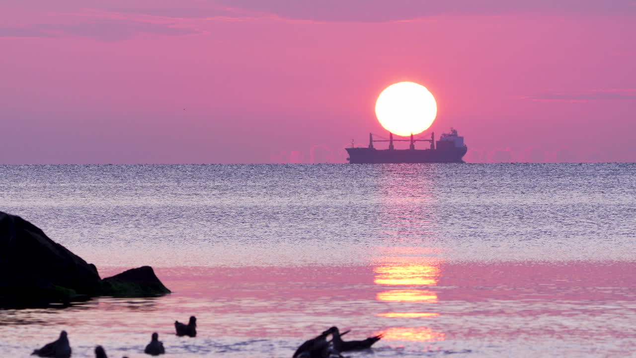 Flying seagull over the sea at Orłowo during early golden sunrise