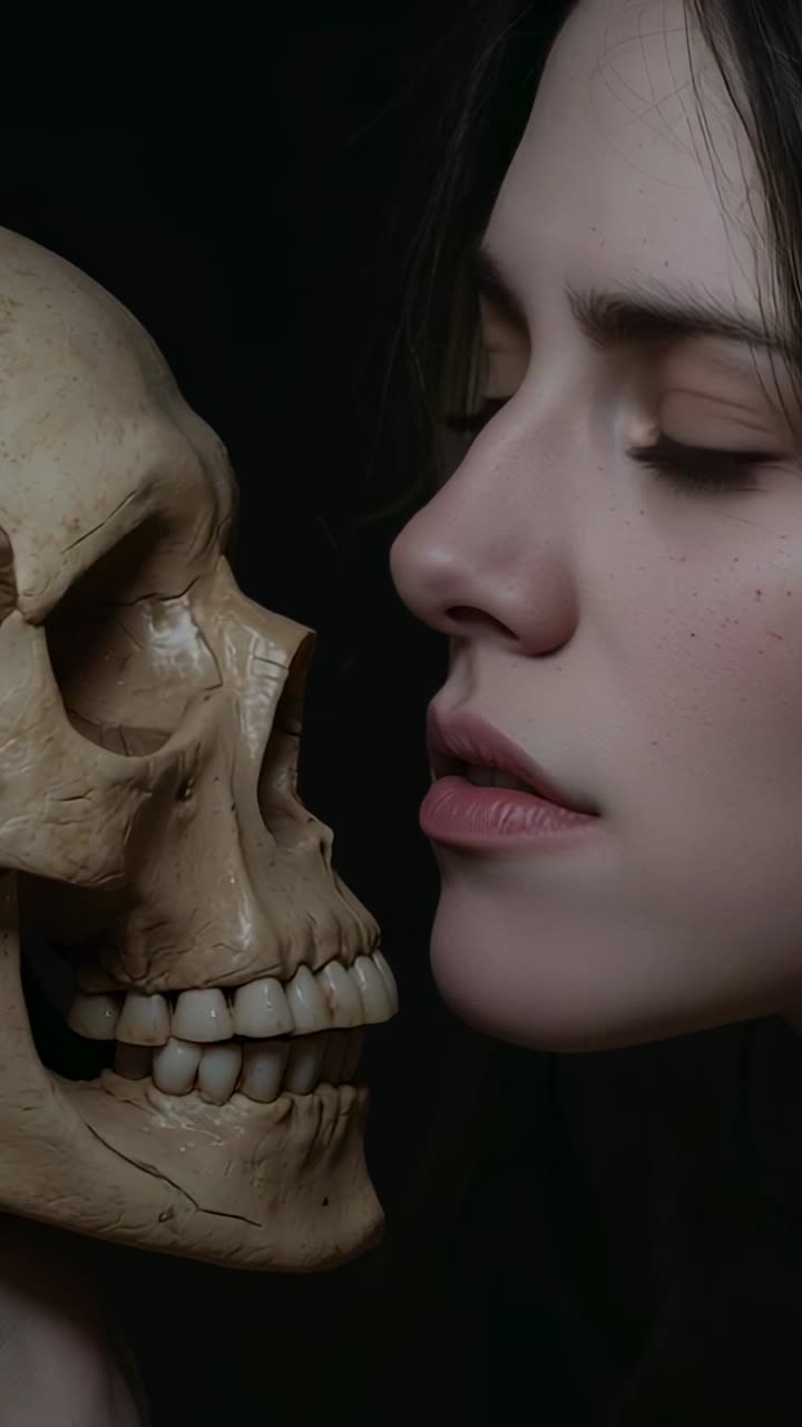 Video verticale: donna che guarda e riflette sulla morte in studio mentre spruzza un attivatore, bagnando un teschio
