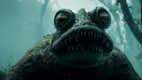 giant toad monster with glowing eyes slowly approaches then opens its mouth, revealing rows of sharp teeth, in a dark fantasy forest