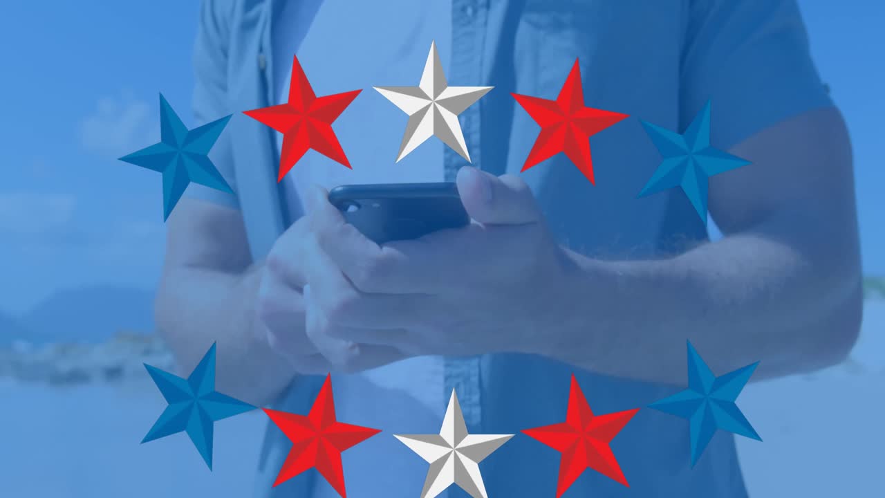 Animation of stars in usa flag colours over hands of caucasian man using smartphone
