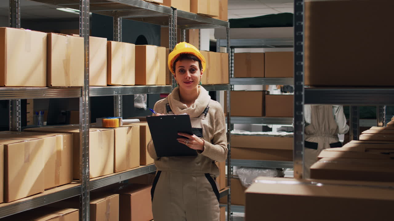 Warehouse workers with boxes and clipboard