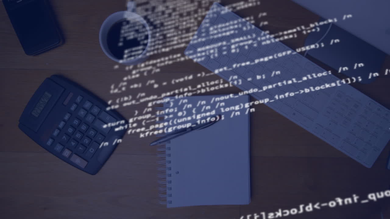 Animation of financial data processing and over calculator and papers