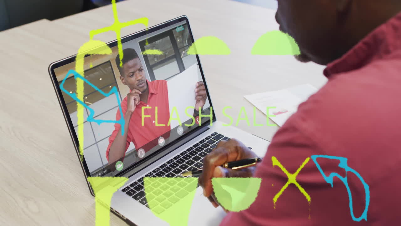 Man in red shirt on laptop screen with Flash Sale animation overlay