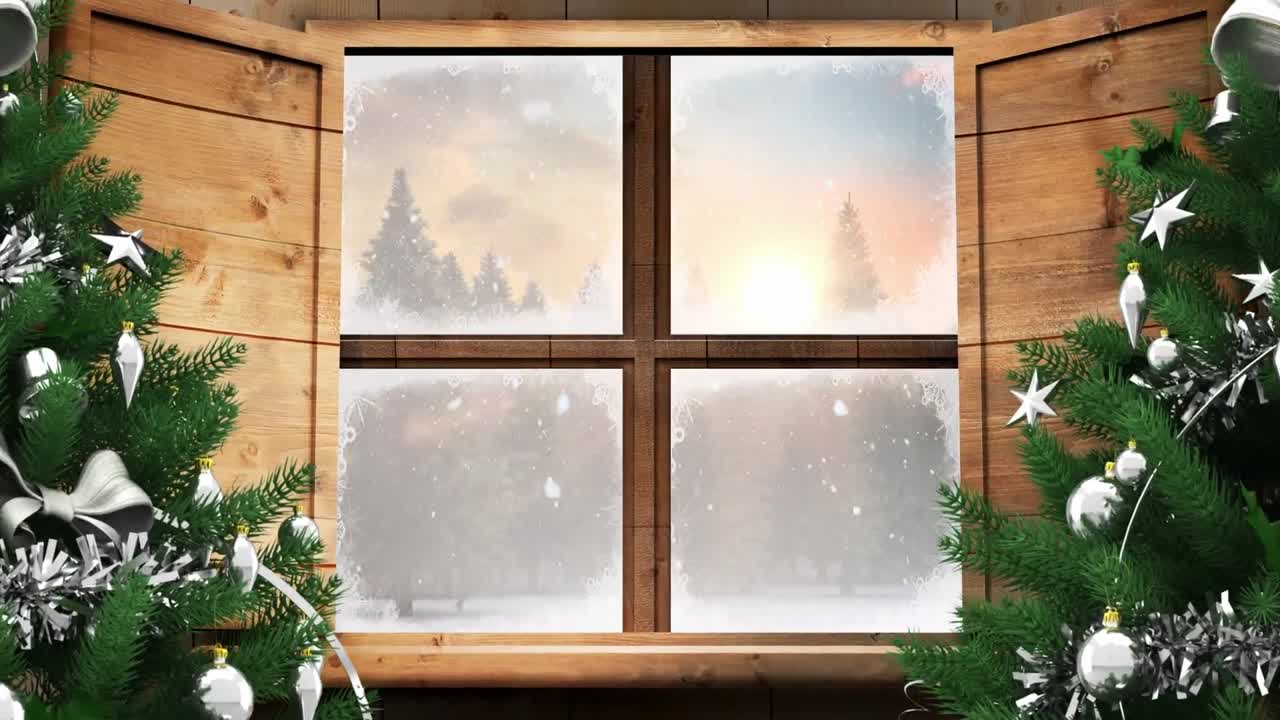 Animation af juletræ og vindue over vinterlandskab
