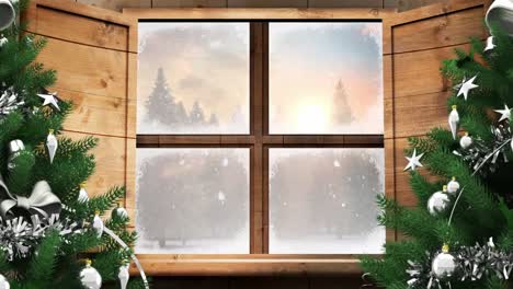 animation of christmas tree and window over winter landscape