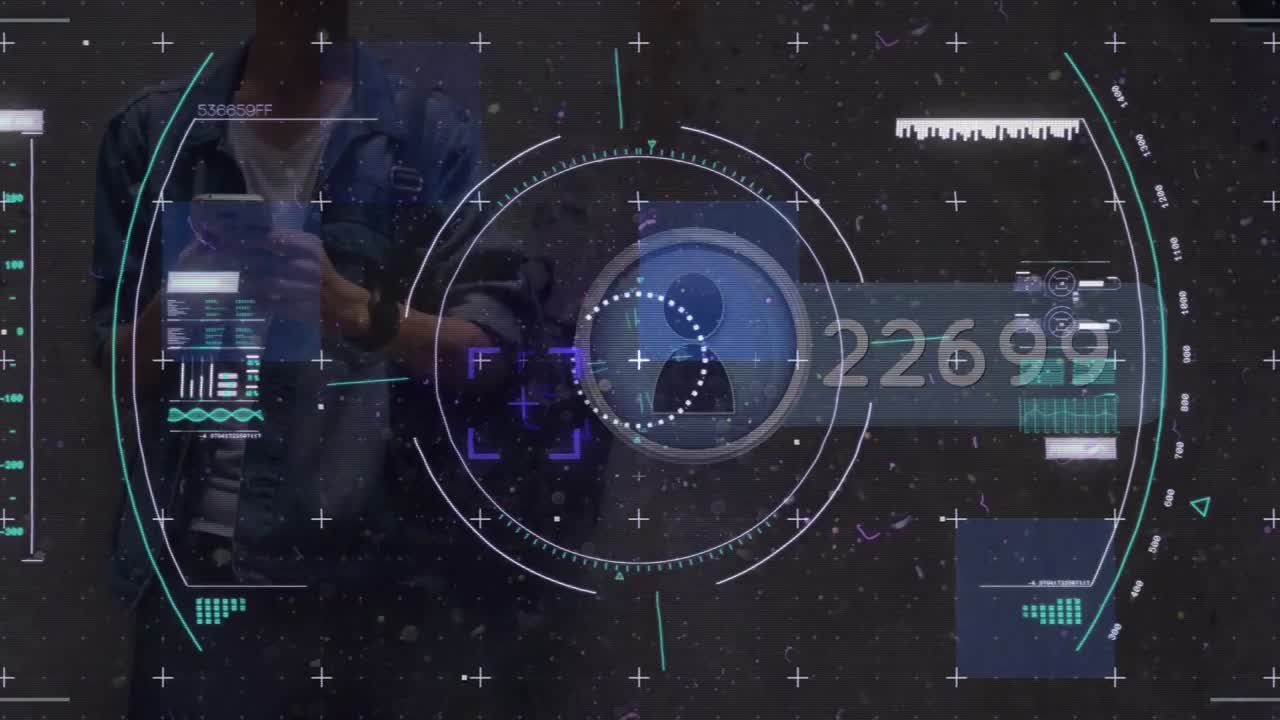 Animation of icons with growing numbers and scope scanning over biracial man using smartphone
