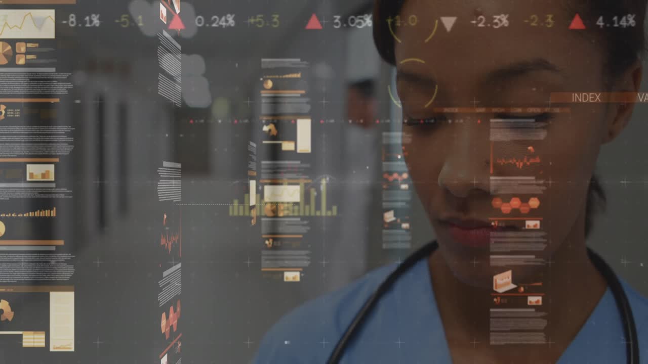 Animation of financial data over biracial female doctor