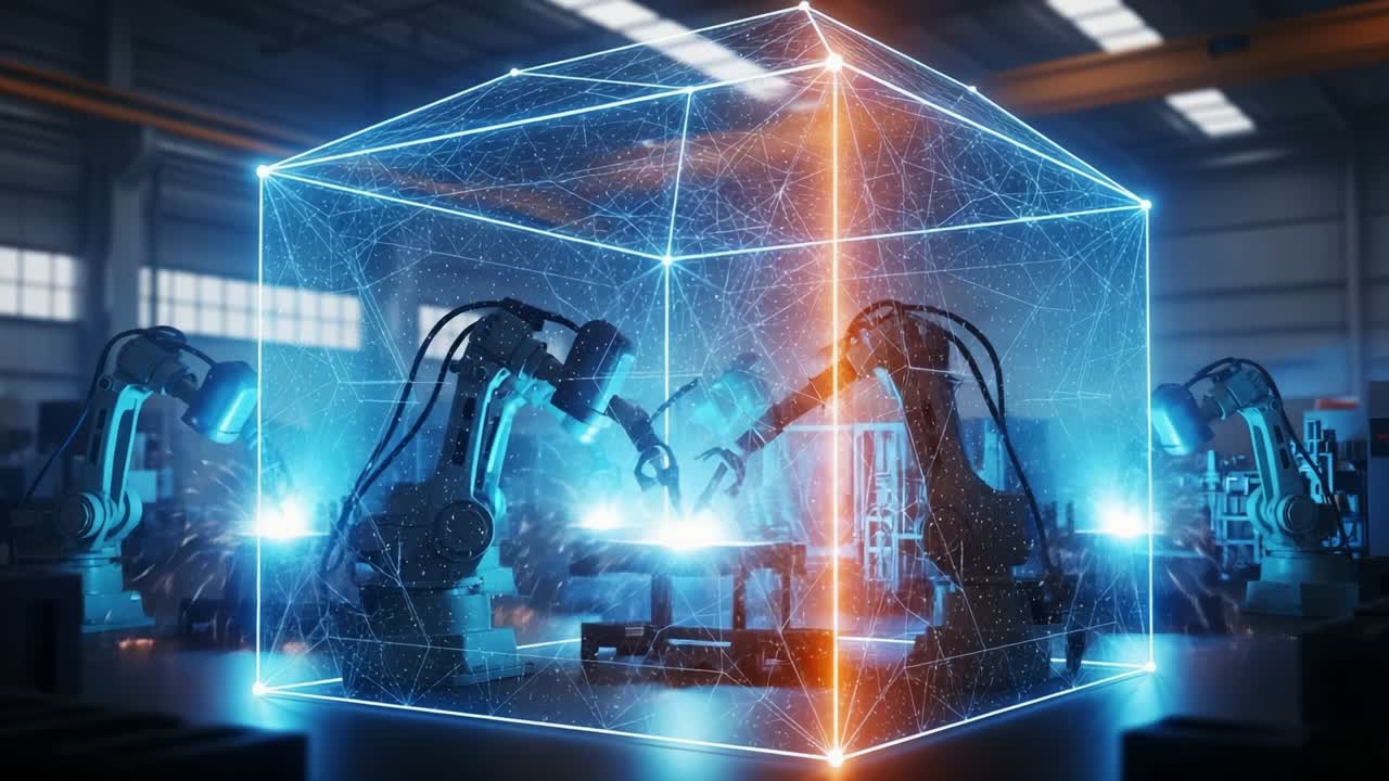 Advanced Robotic Arms Collaborating Inside a Futuristic Levitating Grid Structure, Utilizing Cutting-Edge Technology to Perform Precision Tasks with High Efficiency and Increased Productivity in a High-Tech Environment