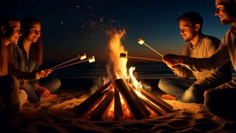 friends roasting marshmallows by a campfire on a beach at night