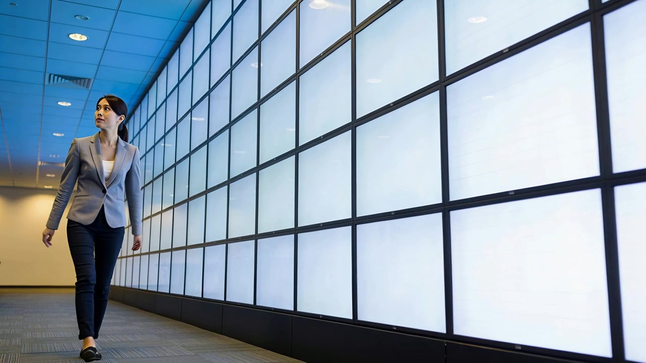 Observando una pared LED, una mujer con blazer gris camina por el pasillo de la oficina inspeccionando paneles para trabajar, con espacio para texto