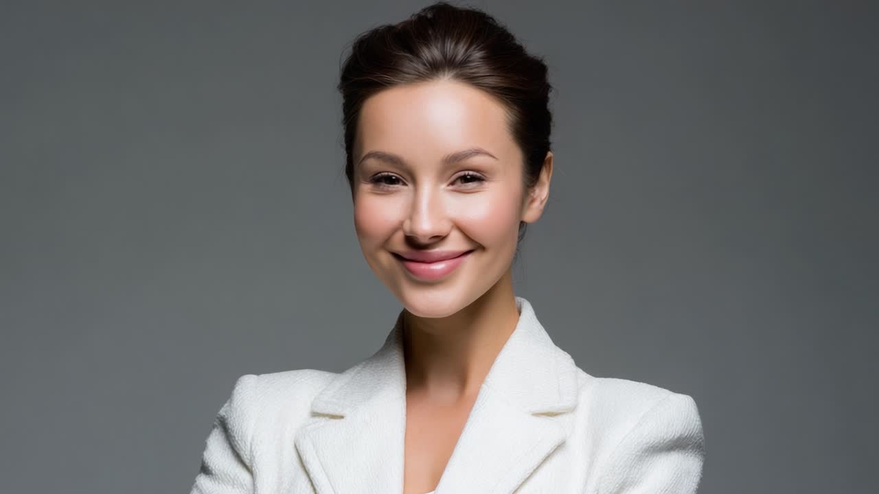 Elegant Portrait of a Confident Woman in a Stylish White Blazer with a Warm Expression, Exemplifying Professionalism and Charm in a Studio Setting